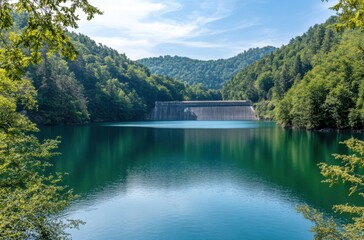 Fototapeta premium A peaceful lakeside view of a dam, with crystal-clear