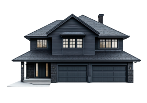 Modern black house with large windows and double garage isolated on transparent background
