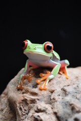 Fototapeta premium A green frog with red eyes is sitting on a rock. The frog is looking at the camera