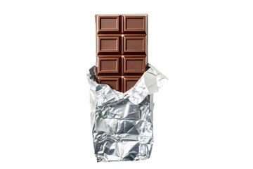 Milk chocolate bar in silver foil wrapper on transparent background