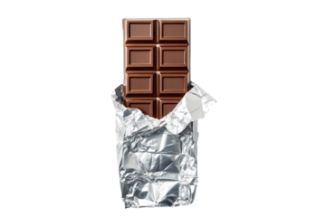 Milk chocolate bar in silver foil wrapper on transparent background