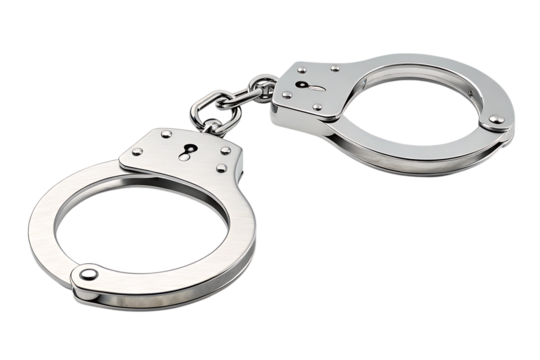 Metal handcuffs isolated, law enforcement equipment on transparent background