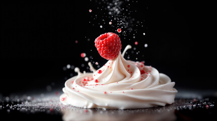 Whipped Cream Swirl with Fresh Raspberry and Floating Sugar Crystals &ndash; Black Background