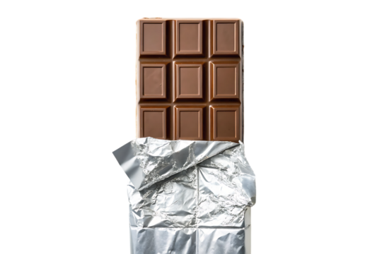 Milk chocolate bar with silver foil wrapper on transparent background