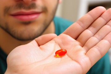 Close-up of a young man holding a red gel capsule in his palm, ready to take medication pain killer or supplement