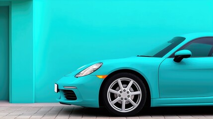 Fototapeta na wymiar Sleek turquoise sports car parked against a vibrant blue wall, showcasing modern design and elegance.