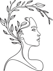 Feminine Portrait with Floral Elements and Leafy Branches in Continuous Line Style for Elegant Nature-Inspired Minimalist Illustration Concepts