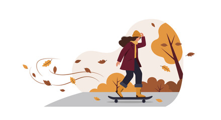 Fototapeta premium Young woman skateboarding outdoors in autumn with falling leaves flat minimal vector illustration