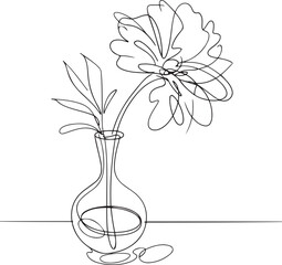 Single Line Flower in Vase with Curved Stems and Elegant Contours in Minimalist Black and White Illustration for Modern Botanical Art
