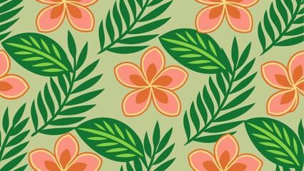 Seamless pattern with tropical leaves and flowers. Vector illustration.