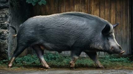Farm pig walking past wooden wall in countryside setting