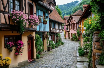 Fototapeta premium A peaceful village with cobblestone streets,