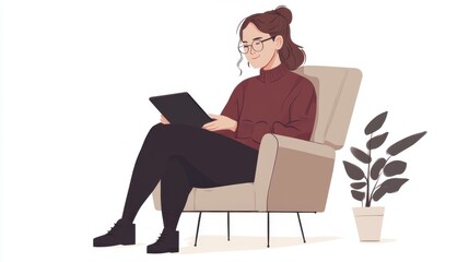 Woman reading on tablet in chair