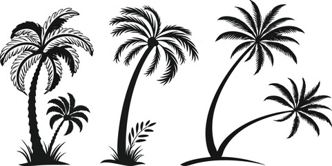 Black Palm Tree Silhouette Icons for Tropical Design | Palm Tree Silhouettes Set for Summer and Beach Art | Tropical Palm Tree Clipart Collection | Palm Tree Outline Icons for Travel
