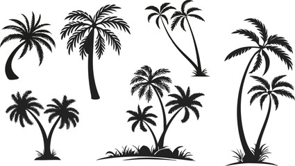 Fototapeta premium Black Palm Tree Silhouette Icons for Tropical Design | Palm Tree Silhouettes Set for Summer and Beach Art | Tropical Palm Tree Clipart Collection | Palm Tree Outline Icons for Travel