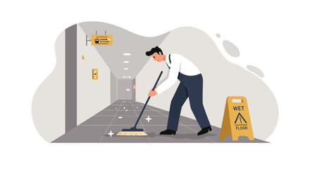 Obraz premium Man cleaning office hallway floor with mop and wet floor sign in flat minimal vector illustration