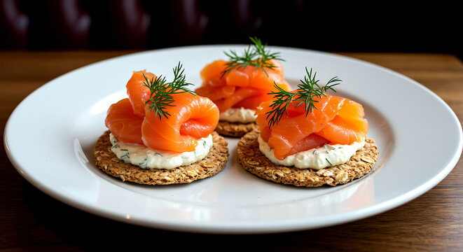 scottish-style canap&eacute; with oatcakes, silky smoked salmon, and a touch of cream cheese