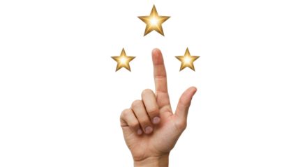 Isolated Hand Pointing Upwards Towards Three Golden Stars of Rating