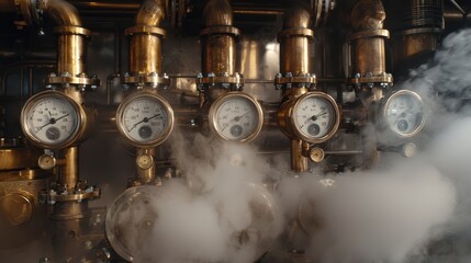 Gauges Pipes with steam and gauges showing pressure, industrial equipment, brass