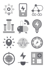 Monochrome icons representing science, technology, and energy themes