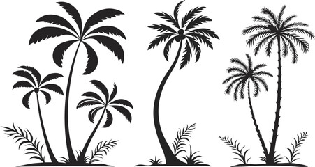 Black Palm Tree Silhouette Icons for Tropical Design | Palm Tree Silhouettes Set for Summer and Beach Art | Tropical Palm Tree Clipart Collection | Palm Tree Outline Icons for Travel