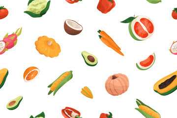 Repeatable pattern of fresh farm vegetables and exotic fruit. Endless background of different healthy eating, grocery products- pumpkin, orange, avocado, cabbage. Flat seamless vector illustration