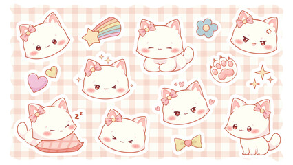 Set of kawaii white cat in various poses. Cute white kitten with pink bow. Animal in anime style