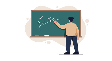 Teacher explaining mathematical formulas on chalkboard in minimal flat style vector illustration