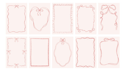 Set of hand drawn vintage frames. Wavy ribbon borders, retro bows. Vector templates for graphic design