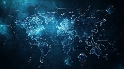 Digital World Map with Cybersecurity Network, Digital world map with glowing network connections and security icons