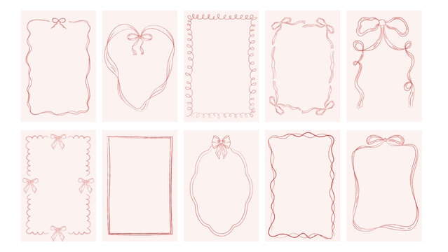 Set of hand drawn vintage frames. Wavy ribbon borders, retro bows. Vector templates for graphic design