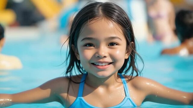 A cheerful little girl splashing in a pool at a water park, wearing a solid light blue one-piece swimsuit, water droplets in the air, bright sunny day, joyful expression, vibrant turquoise water backg