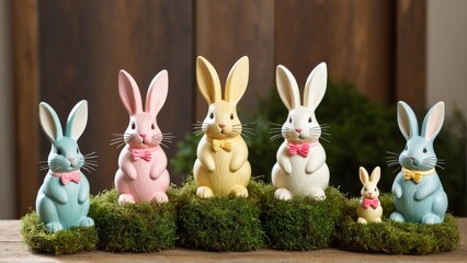 A Row of Colorful Easter Bunny Figures with Bow Ties Displayed on Moss, Radiating Springtime Charm.