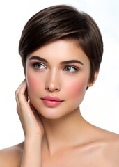 Obraz premium Beautiful Young Woman with Perfect Skin and Short Hair Touching Face – Natural Beauty Skincare Portrait on White Background