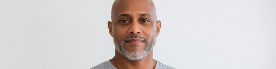 A man with a beard and gray hair is smiling. He is wearing a gray shirt. Concept of warmth and happiness