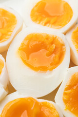Hard-boiled eggs cut in half. Close up
