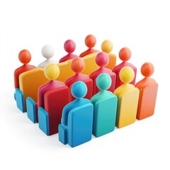 Colorful figures seated in rows, representing an audience.