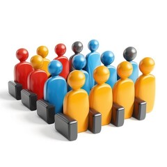 Colorful figures seated in rows, representing a diverse audience.