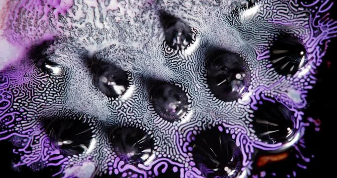 Microscopic shot of alcohol inks mixing and swirling, creating a mesmerizing display of patterns, shapes, and colors, resembling a microscopic world or alien landscape
