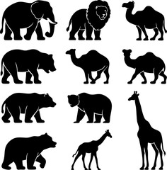 African Animals Silhouette Vector Set: Elephant, Lion, Camel, Bear, Giraffe