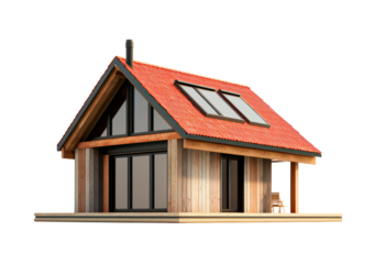 Modern small house design with red roof and wooden deck isolated on transparent background