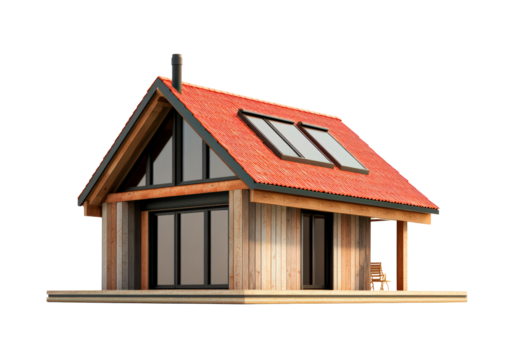Modern small house design with red roof and wooden deck isolated on transparent background