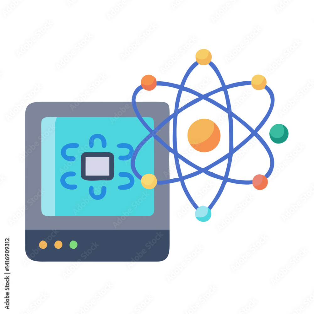 Poster quantum computing icon, computer with atomic structure graphic