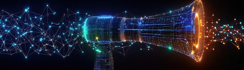 Obraz premium A digital illustration of a megaphone emitting a stream of colorful, interconnected lines, symbolizing communication and technology.