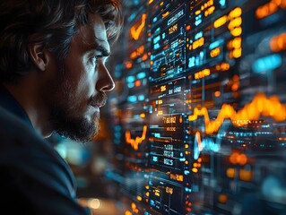 Businessman analyzing trends on a holographic interface