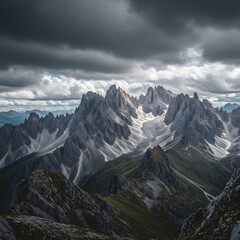Majestic Mountain Range Under Dramatic Cloudy Sky Nature Landscape Photography.