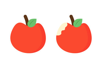 Red apple and bitten apple. Food, nutrition, fruit, fresh concept. Flat cartoon vector design isolated illustration.