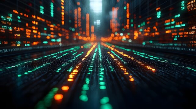 Futuristic digital cityscape with data and financial market graphics - Powered by Adobe