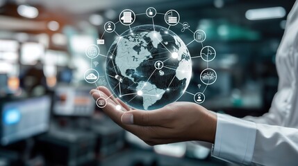 Market Link Technology: Virtual Globe with Business Icons