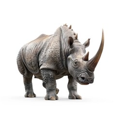 Obraz premium Powerful white rhinoceros stands alert against a white background.